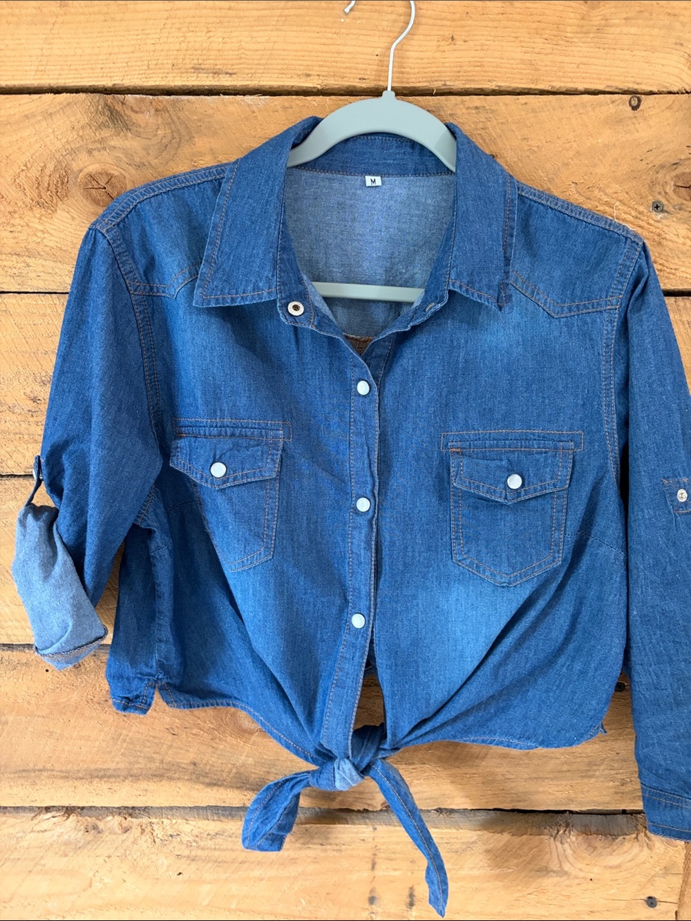 BOGO 1/2 off Medium Denim Button-Front Shirt with Pocket Flaps